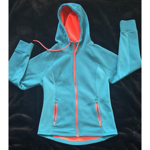 Swiss+Tech Tops - Swiss Tech Women's S Waffle Knit Fleece Hooded Jacket 4 - 6 Teal Pink Hoodie